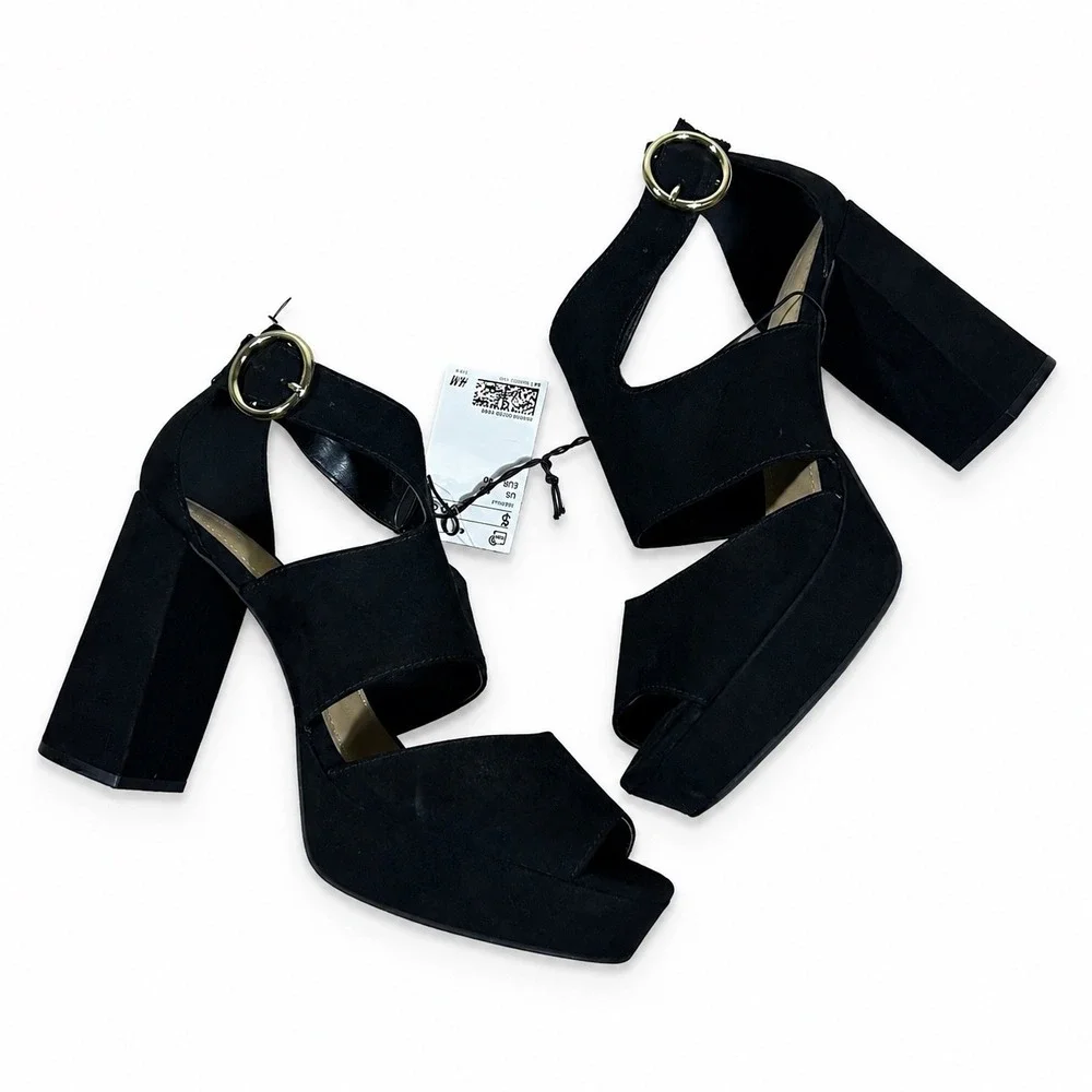 NWT H&M Platform Block Heel Faux Suede Sandals Black Gold Buckle Size 8.5